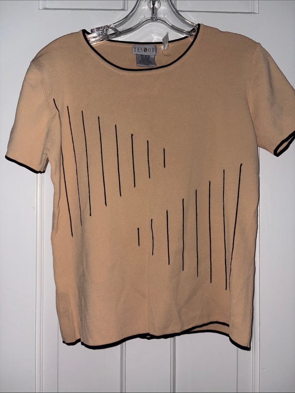 Beige Short-Sleeve Knit Top with Black Trim